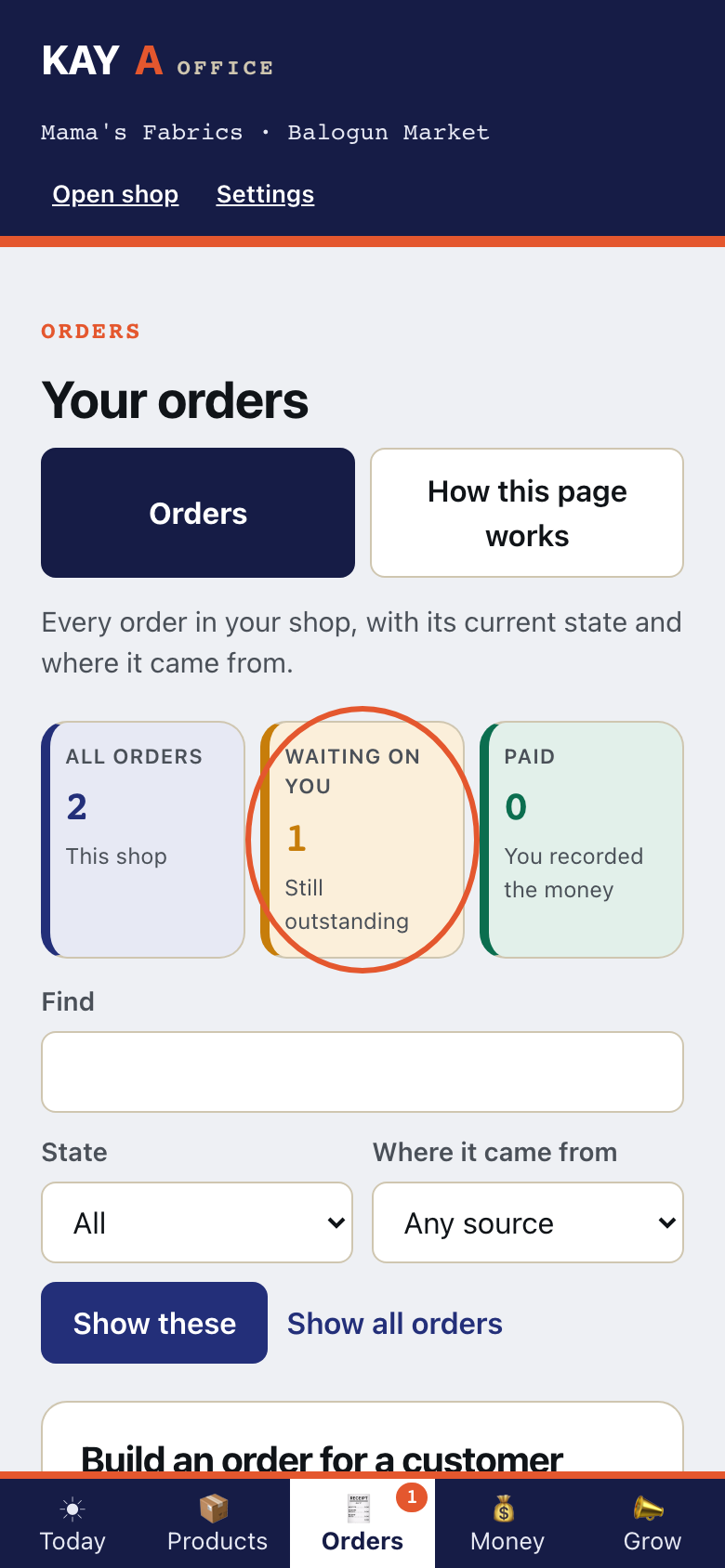 Step 1 of An order comes in