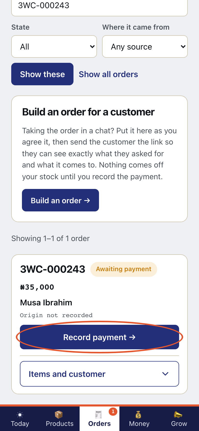 Step 1 of Record the money